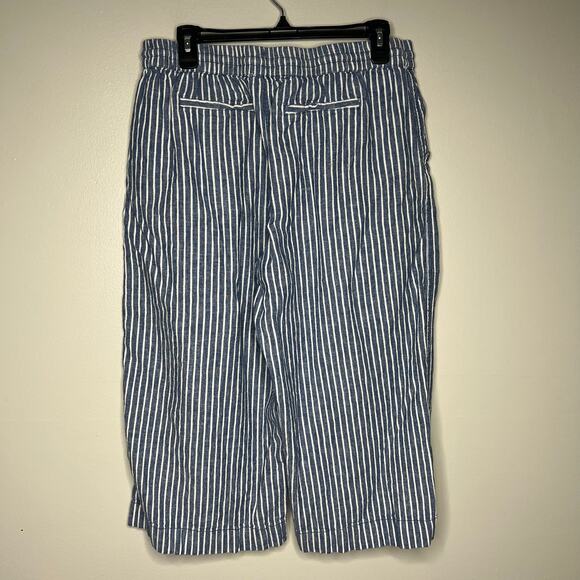 BeachLunchLounge Wide Leg Capri Blue White Striped Linen Blend Size L Drawstring - Picture 7 of 10